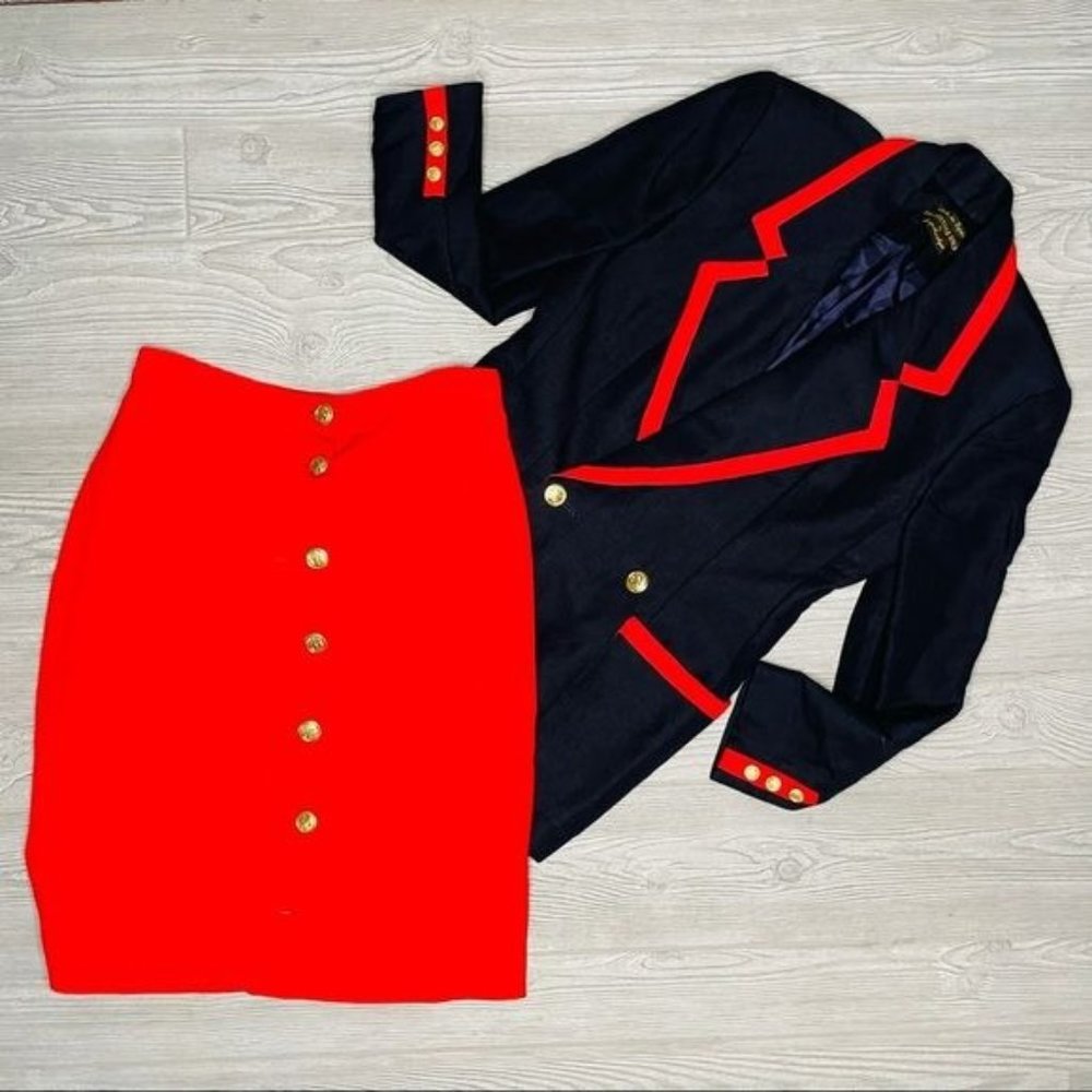 giorgio sant angelo gold collection nautical skirt suit black w/ red trim sz 8